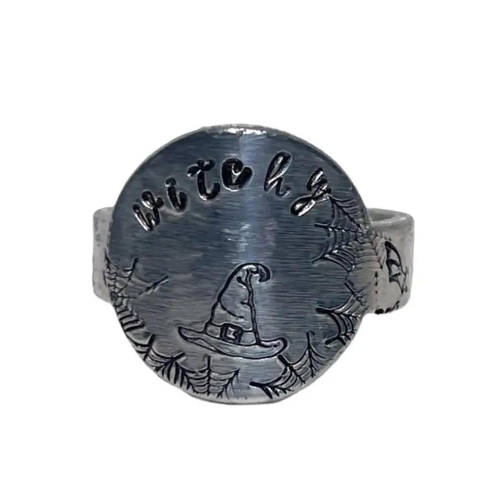 Handmade 10 stamped Witchy Halloween‎ adjustable hypoallergenic medallion ring